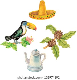 Toucan sitting on a branch , sombrero,  coffee beans, coffeepot