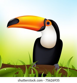 Toucan sitzt auf einem Ast unter blauem Himmel, Vektorgrafik