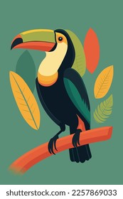 Toucan sitting on a tree branch. Vector illustration in flat color cartoon style poster