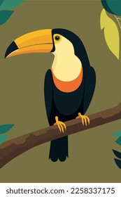 Toucan sitzt auf einem Baumzweig. Vektorgrafik auf Plakatfarben mit flachem Cartoon-Stil