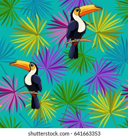 Toucan sitting on tree branch. Tropical birds. Vector pattern.