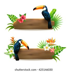 Toucan sitting on wooden board with tropical rain forest flowers 2 realistic banners set isolates vector illustration 