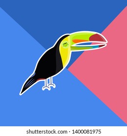 Toucan. Sticker on geometrical blue and pink background. 