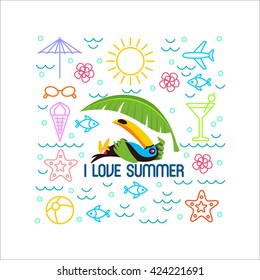 Toucan, summer, beach infographic. Set of elements for printing on t-shirts.