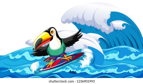 Toucan surfing big wave illustration