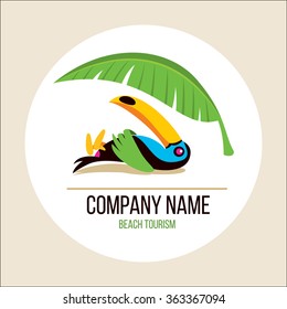 Toucan. Toucan tans on the beach under a banana leaf. Vector illustration.