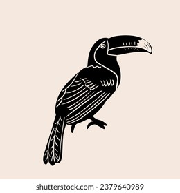 Toucan in der Technik der Linocut. Kann als Stempel auf Stoff, Briefmarke, Postkarte verwendet werden. Toucan black silhouette einzeln auf weißem Hintergrund, Vektorgrafik	
