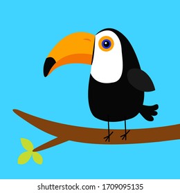 Toucan Toco on the tree brunch. Big yellow beak icon. Cute tropical bird. Zoo baby animal collection. Cartoon cute kawaii baby character. Flat design. White background. Isolated. Vector