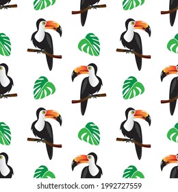 Toucan tropic bird sitting on a bench of tree. Vector illustration. Seamless pattern.