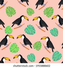 toucan. tropical bird. monstera leaves. seamless pattern with toucans and exotic leaves. stock vector illustration isolated on white background.