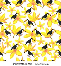 toucan. tropical bird. seamless pattern with toucans and yellow exotic flowers. stock vector illustration isolated on white background.