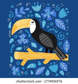 Toucan. Tropical bird sit on branch and blue leaf and flower, Elegant wild animal on botanical background. Palm leaves and flowers in scandinavian style. Flat hand drawn doodle illustration