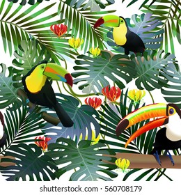 Toucan tropical bird in a thicket of tropical flowers, palm trees, monster. Seamless pattern.Vector