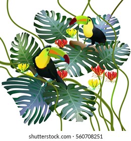 Toucan tropical bird in a thicket of tropical flowers, palm trees, monster. Seamless pattern.Vector