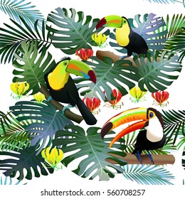 Toucan tropical bird in a thicket of tropical flowers, palm trees, monster. Seamless pattern.Vector