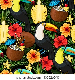 Toucan and tropical cocktail vector seamless background