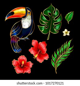 Toucan and tropical flowers and leaves embroidery elements.