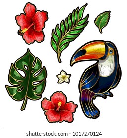 Toucan and tropical flowers and leaves embroidery elements.