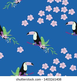 Toucan, tropical flowers and leaves floral textile vector seamless pattern. Summer print with flowers and exotic birds. Tropical background with toucan.