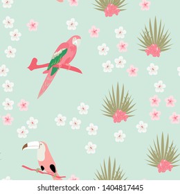 Toucan, tropical flowers and leaves floral textile vector seamless pattern. Summer print with flowers and exotic birds. Tropical background with toucan.