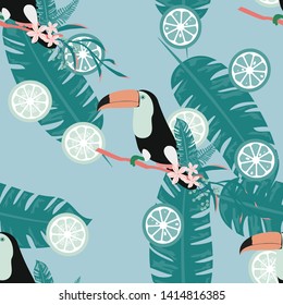 Toucan, tropical flowers and leaves floral textile vector seamless pattern. Summer print with flowers and exotic birds. Tropical background with toucan.