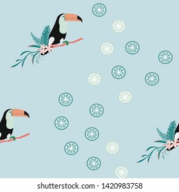Toucan, tropical flowers and leaves floral textile vector seamless pattern. Summer print with flowers and exotic birds. Tropical background with toucan.