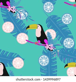 Toucan, tropical flowers and leaves floral textile vector seamless pattern. Summer print with flowers and exotic birds. Tropical background with toucan.