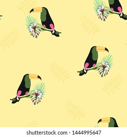 Toucan, tropical flowers and leaves floral textile vector seamless pattern. Summer print with flowers and exotic birds. Tropical background with toucan.