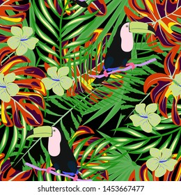 Toucan, tropical flowers and leaves floral textile vector seamless pattern. Summer print with flowers and exotic birds. Tropical background with toucan.