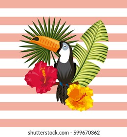 toucan with tropical flowers and leaves over striped pink and white background. colorful design. vector illustration