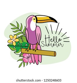 toucan with tropical flowers and leaves in summer
