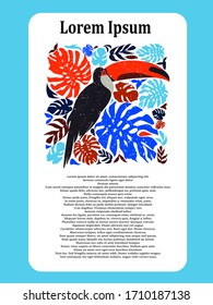 Toucan in tropical jungle event invitation card template. Illustration background for promo, advertising. Wildlife nature text placeholder.
