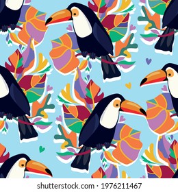 Toucan with tropical leaves background seamless pattern print design for textiles summer tropics vector illustration