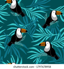Toucan with tropical leaves on green background seamless pattern print design for textiles summer tropics vector illustration