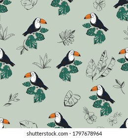 Toucan with tropical leaves on khaki background seamless pattern print design for textiles summer tropics vector illustration