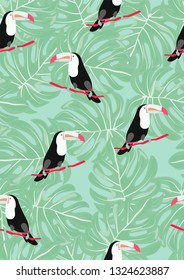 Toucan with tropical leaves pattern.Tropical seamless pattern with exotic birds. Hawaiian plants. Botanical background for covers, wallpapers and fabrics.