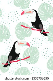 Toucan with tropical leaves pattern.Tropical seamless pattern with exotic birds. Hawaiian plants. Botanical background for covers, wallpapers and fabrics.