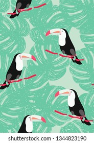 Toucan with tropical leaves pattern.Tropical seamless pattern with exotic birds. Hawaiian plants. Botanical background for covers, wallpapers and fabrics.