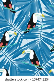 Toucan with tropical leaves pattern.Tropical seamless pattern with exotic birds. Hawaiian plants. Botanical background for covers, wallpapers and fabrics.