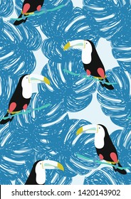 Toucan with tropical leaves pattern.Tropical seamless pattern with exotic birds. Hawaiian plants. Botanical background for covers, wallpapers and fabrics.