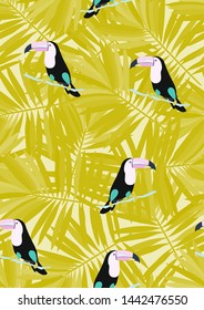 Toucan with tropical leaves pattern.Tropical seamless pattern with exotic birds. Hawaiian plants. Botanical background for covers, wallpapers and fabrics.