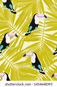 Toucan with tropical leaves pattern.Tropical seamless pattern with exotic birds. Hawaiian plants. Botanical background for covers, wallpapers and fabrics.