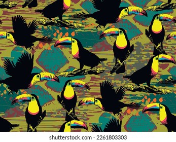 Toucan and tropical leaves. Seamless abstract pattern. Fashion textiles, fabric, packaging.