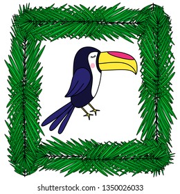 Toucan with tropical leaves in square frame vector illustration. Template for summer sale banner, party invitation card, poster, print with exotic bird and palm tree leaf. EPS10