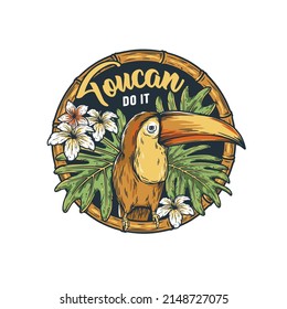 Toucan with tropical leaves and tropic flowers. Tropical background with bird for summer print and hawaii tiki bar