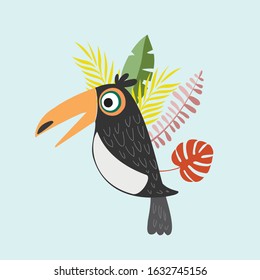 Toucan in the tropical leaves. Vector color illustration of toucan. drawing of a tropical bird.