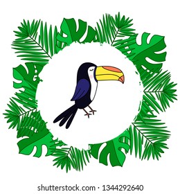 Toucan with tropical leaves vector illustration. Template for summer sale banner, party invitation card, poster, print with exotic bird and palm tree dypsis leaf. EPS10