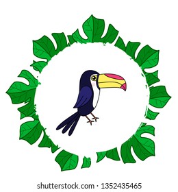 Toucan with tropical leaves in wreath vector illustration. Template for summer sale banner, party invitation card, poster, print with exotic bird and palm tree leaf. EPS10