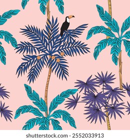 Toucan, tropical palms, banana tree seamless pattern. Jungle wallpaper.	