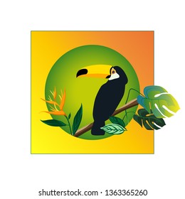 Toucan with tropical plants and exotic flowers in a circle.